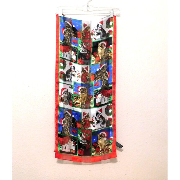Christmas Cat Scarf 14" X 59" Festive Red Multicolor Polyester Rectangular - Picture 2 of 10